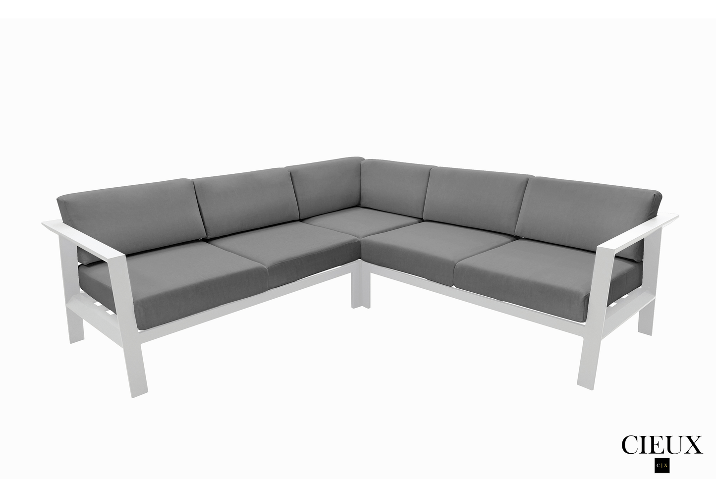 Pending - Cieux Canvas Charcoal Corsica Outdoor Patio Aluminum Metal Corner Sectional Sofa in White with Sunbrella Cushions - Available in 2 Colours